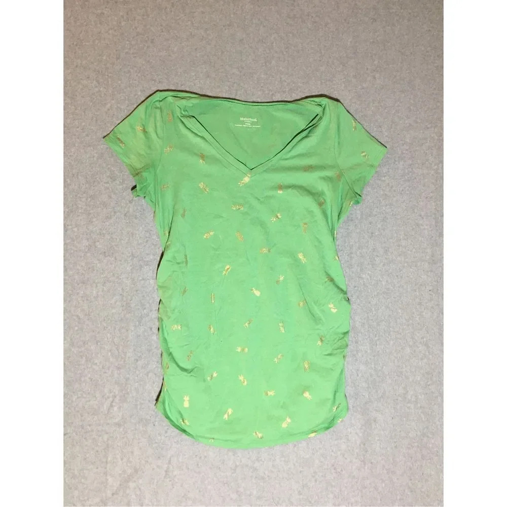 Womens Motherhood Shirt Size Medium Maternity Green Pineapple Gold Cotton Blend